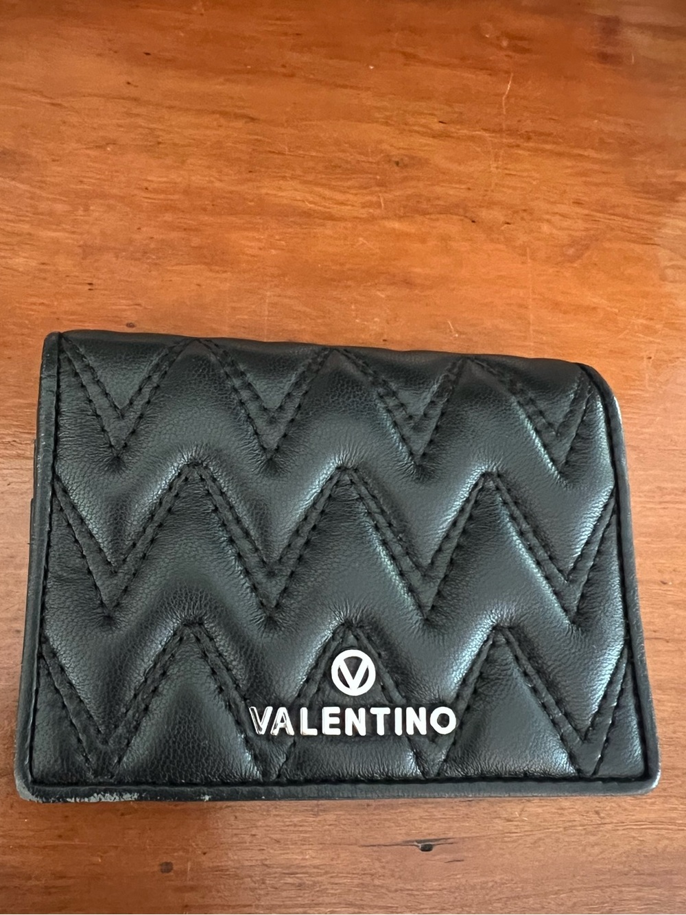 Valentino Black Quilted Leather Chevron Bi-Fold Wallet with Silver Hardware